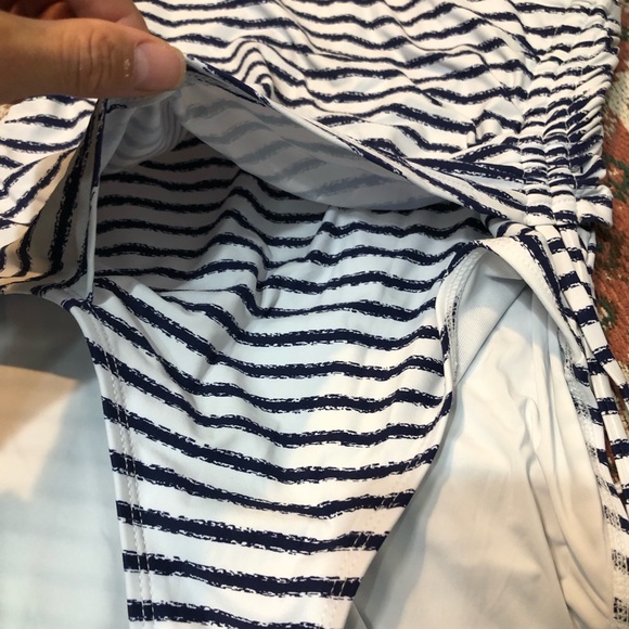 Nip Tick Swim Navy and White Striped Swimsuit Double Layered Belly Scrunch Tie - Picture 11 of 13